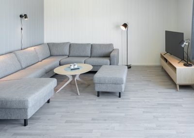 Bright living room with a grey sofa, coffee table, and floor lamp.